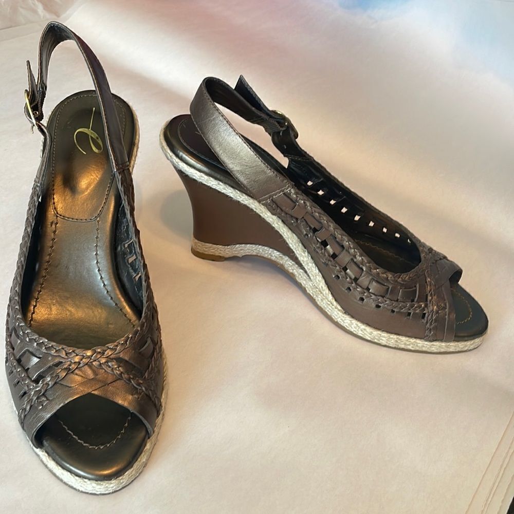 Easy Spirit bronze braided leather slingback jute trimmed wedge comfort sandals